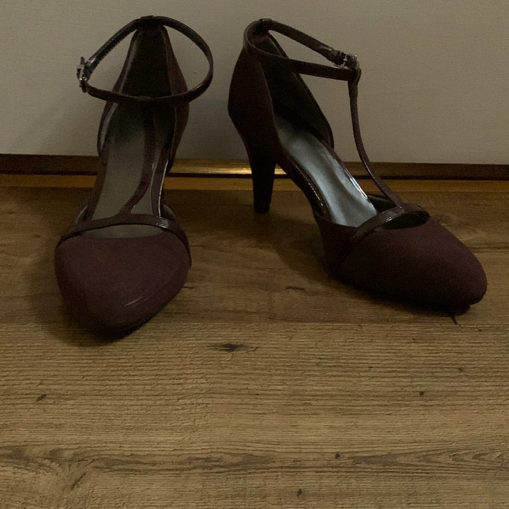 Plumb colored rounded toe stiletto with ankle buckle